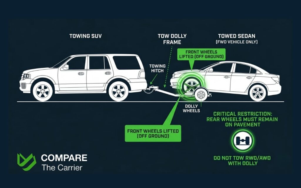 Diagram of a car tow dolly setup showing front-wheel-drive vehicle placement for short-distance moving.