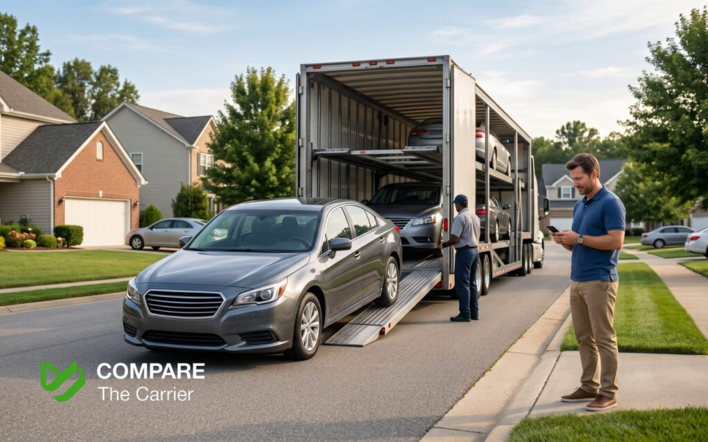 Professional car shipping delivery scene showing a vehicle being safely unloaded from an open carrier trailer in a suburban American neighborhood, representing a successful and stress-free auto transport experience.