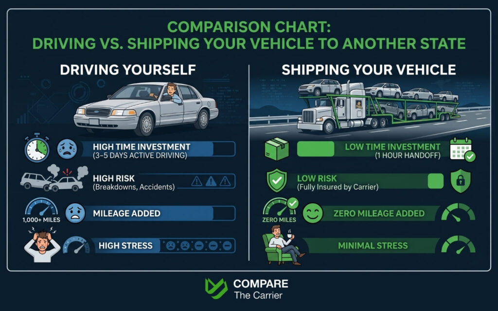 Comparison chart of driving versus shipping a car, highlighting time investment, risk factors, and total costs.