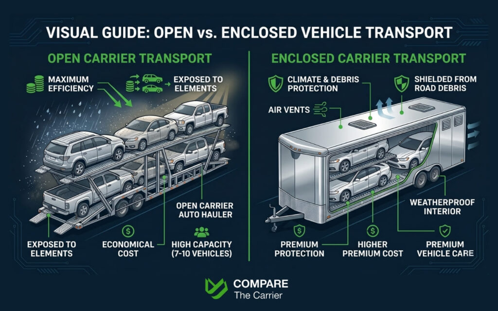 Technical illustration showing the difference between open-air and enclosed vehicle transport trailers.