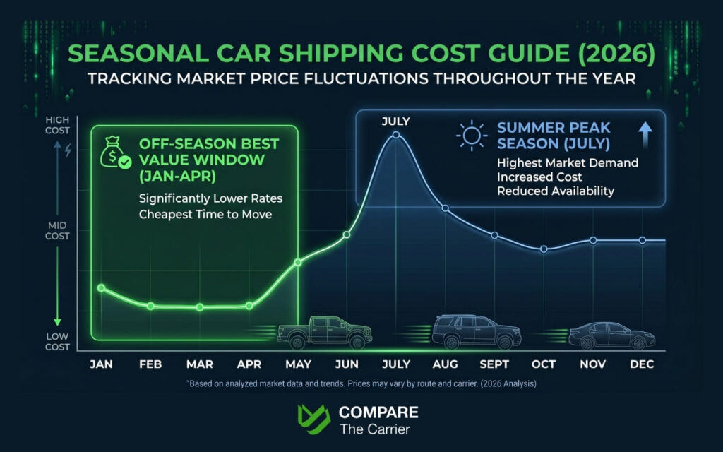 2026 car shipping price chart showing seasonal cost fluctuations and the cheapest months to move a vehicle.