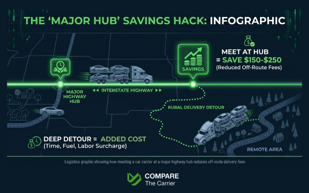 Logistics graphic showing how meeting a car carrier at a major highway hub reduces off-route delivery fees.