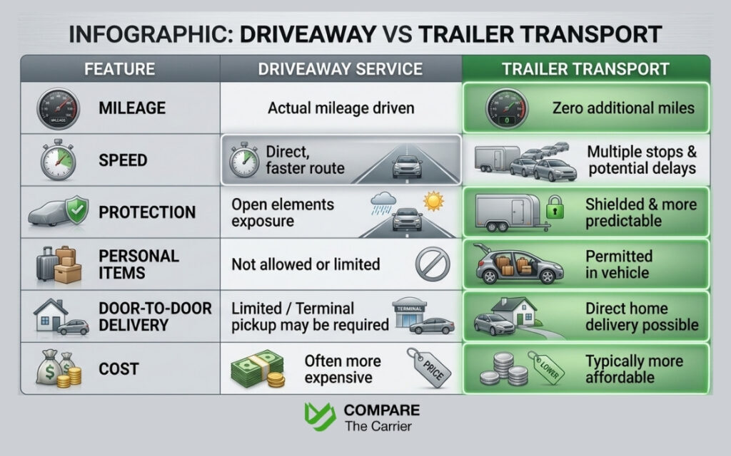 Infographic comparing driveaway services to open and enclosed trailer transport across key features.