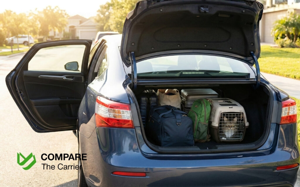 Personal items and a pet safely inside a car during a driveaway transport, showing flexibility for passengers’ belongings.