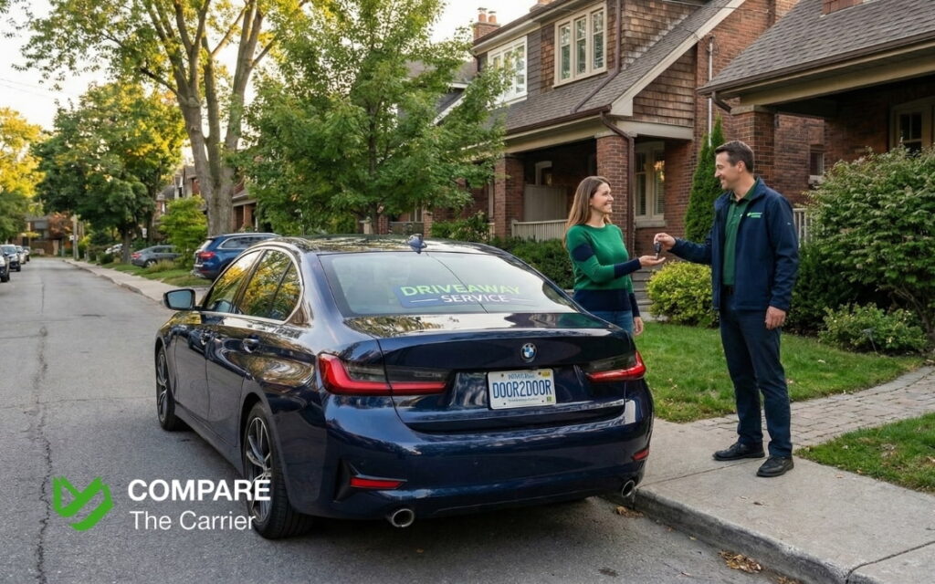 Driveaway vehicle arriving at a residential home, emphasizing door-to-door delivery service.