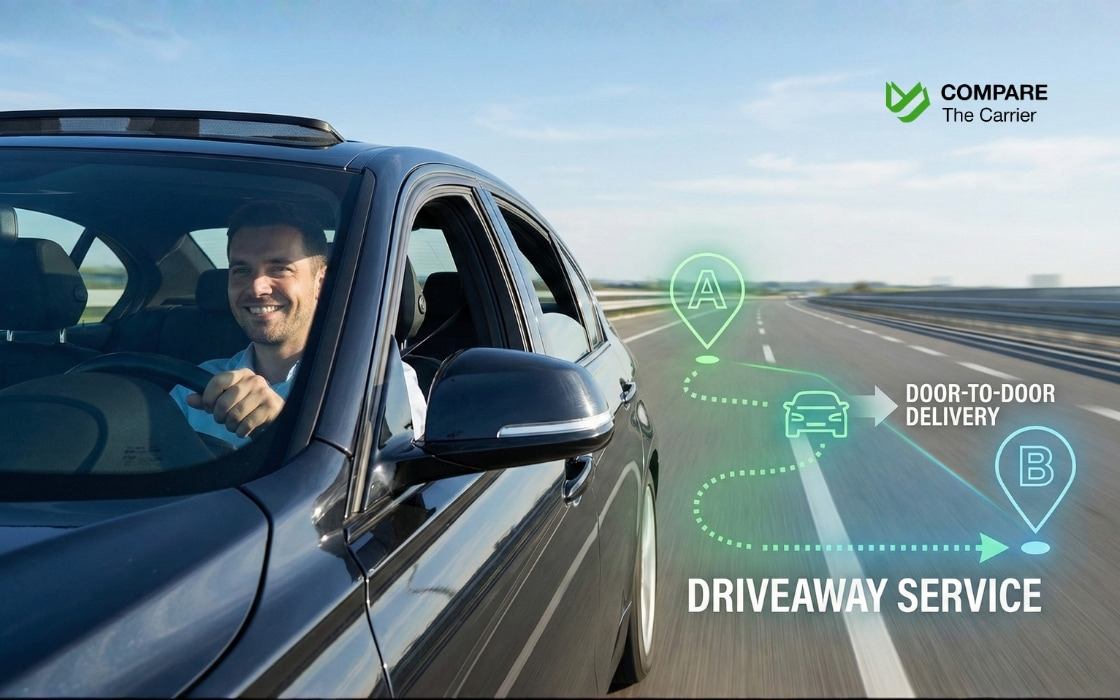 Driveaway service: professional driver safely delivering a car directly from pickup to destination, illustrating speed and personalized door-to-door transport.