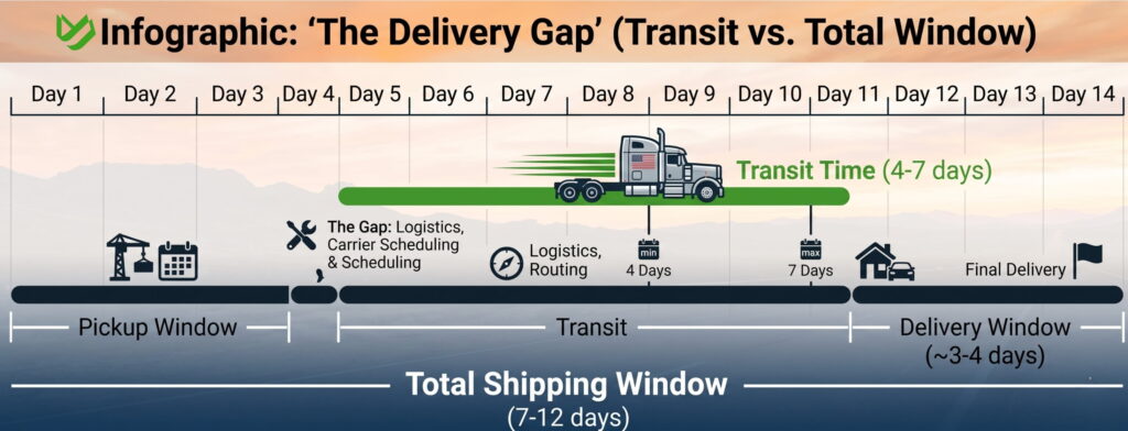 Infographic showing the difference between car transit time and the total shipping window.