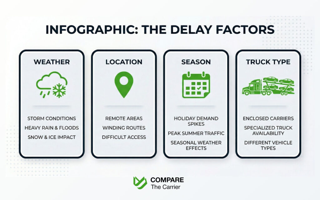 Icon set illustrating main factors that cause car shipping delays.