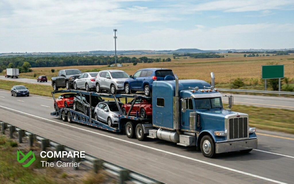 American car carrier truck transporting vehicles on a highway across the USA.