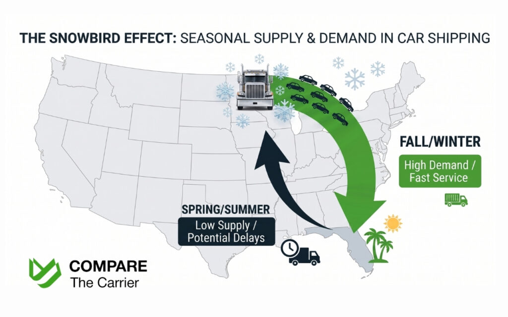 Map of the US visualizing the seasonal car shipping demand to and from Florida.