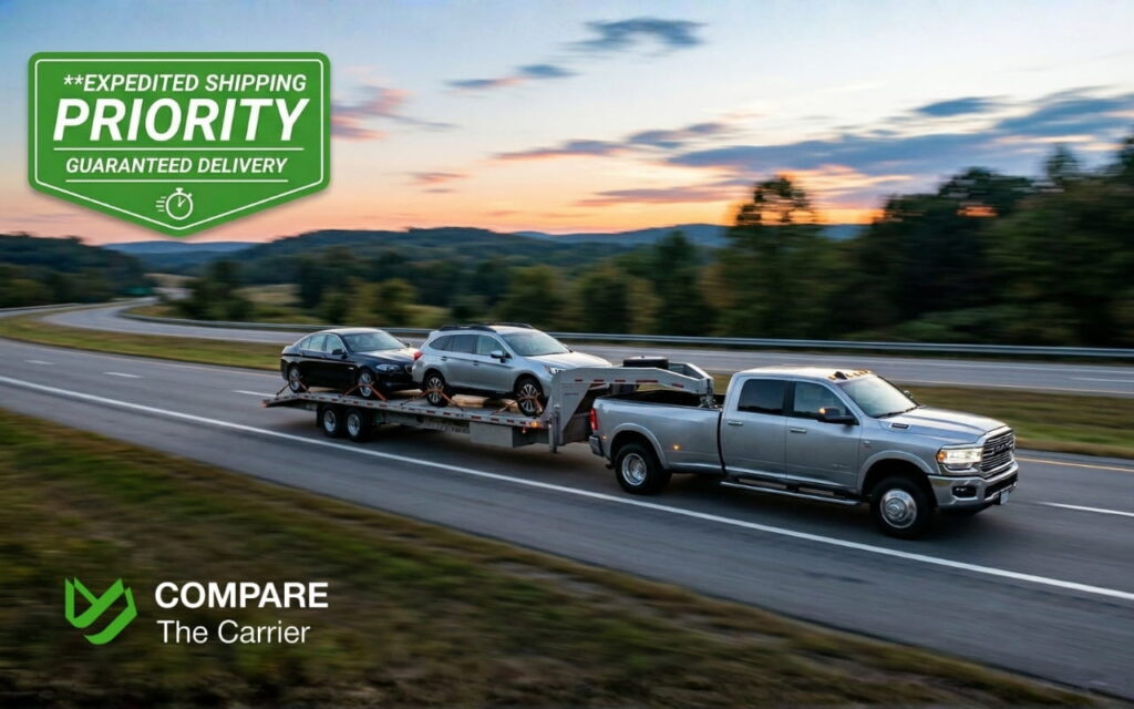 A fast hotshot car transport truck providing expedited delivery service.