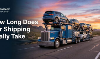 Modern American car hauler truck driving on a highway at sunset.