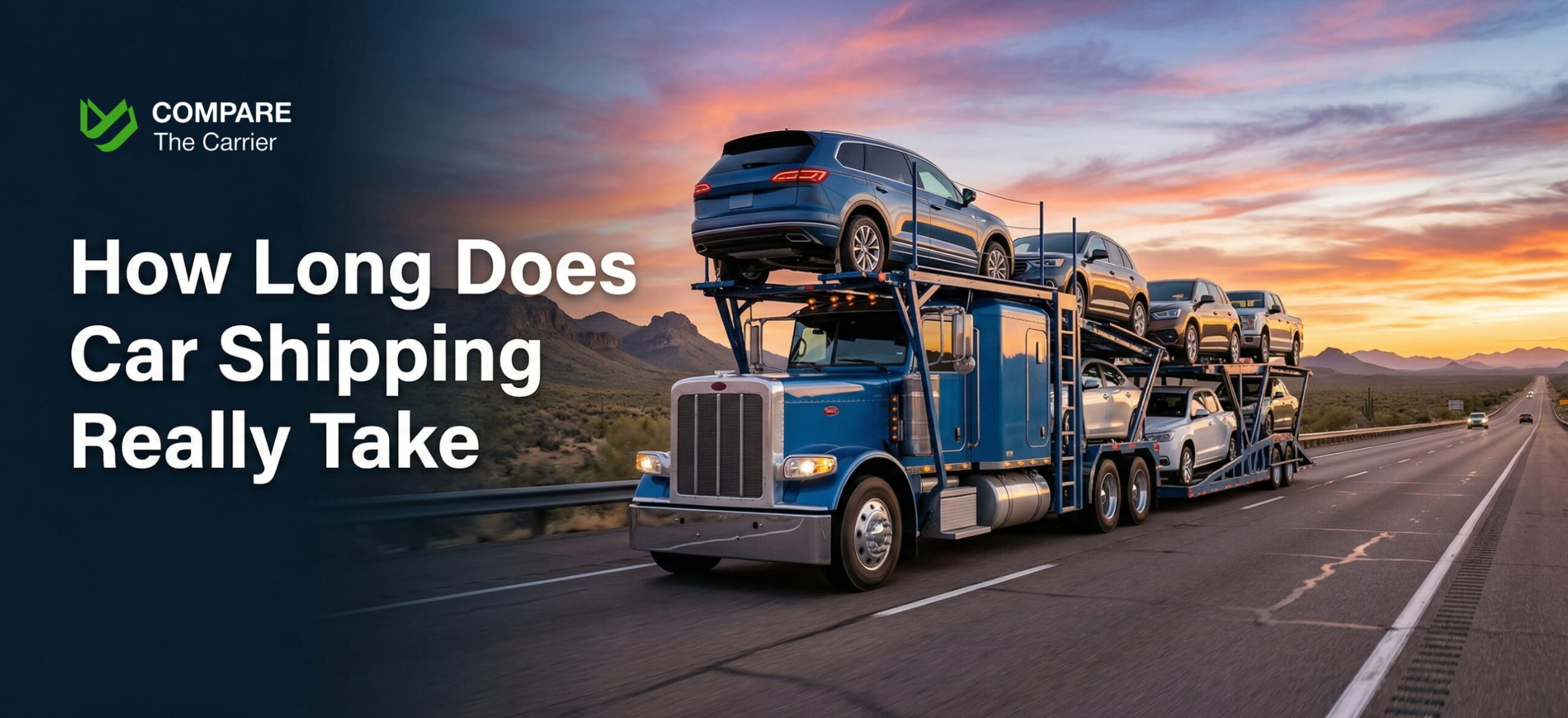 Modern American car hauler truck driving on a highway at sunset.