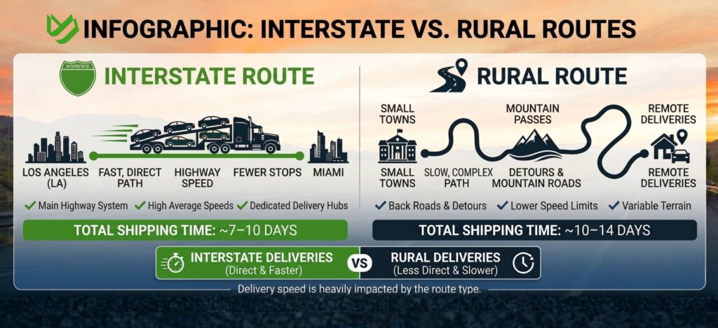 Diagram comparing fast interstate car shipping routes versus slower rural delivery paths.