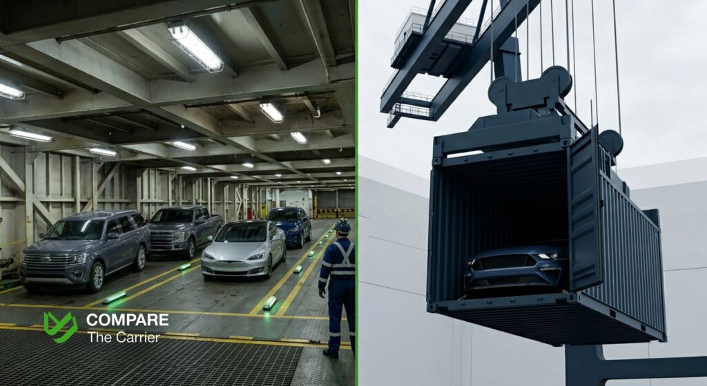 Split visual comparing the interior loading deck of a vehicle carrier ship with a car being loaded into a shipping container.