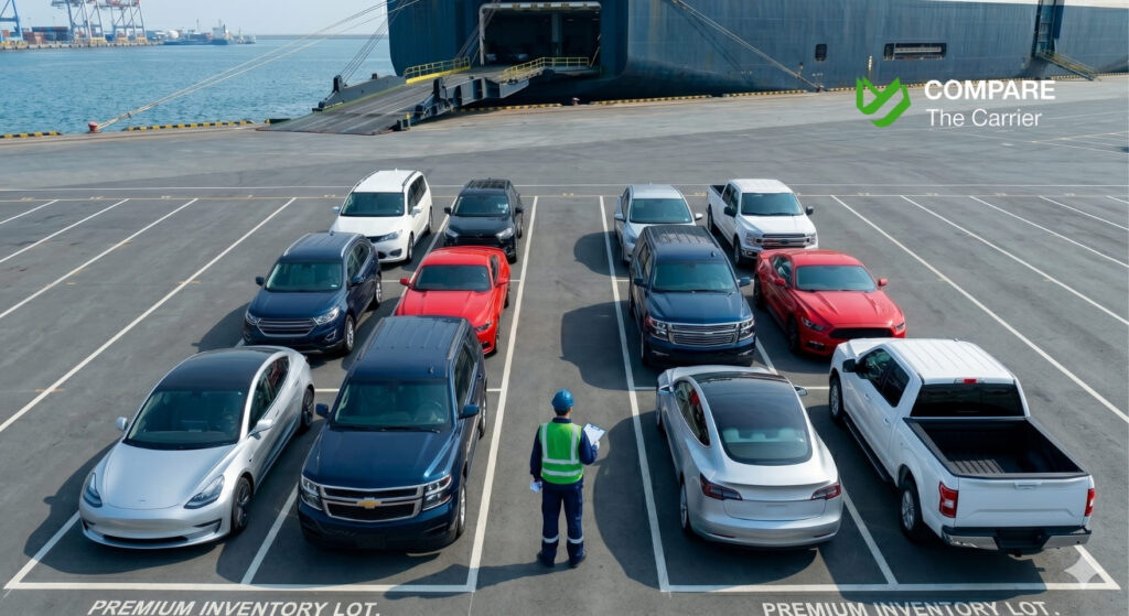 Wide photo looking down at rows of debadged American cars parked at a shipping port terminal with a worker inspecting them.