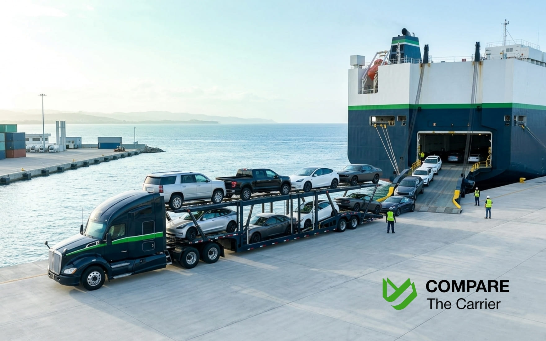 Editorial photograph of a car carrier truck loaded with American vehicles parked next to a cargo ship at a port during sunrise.