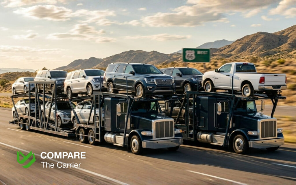 High-fidelity photo of two car carrier trailers loaded with many SUVs and trucks driving on a clean American highway.