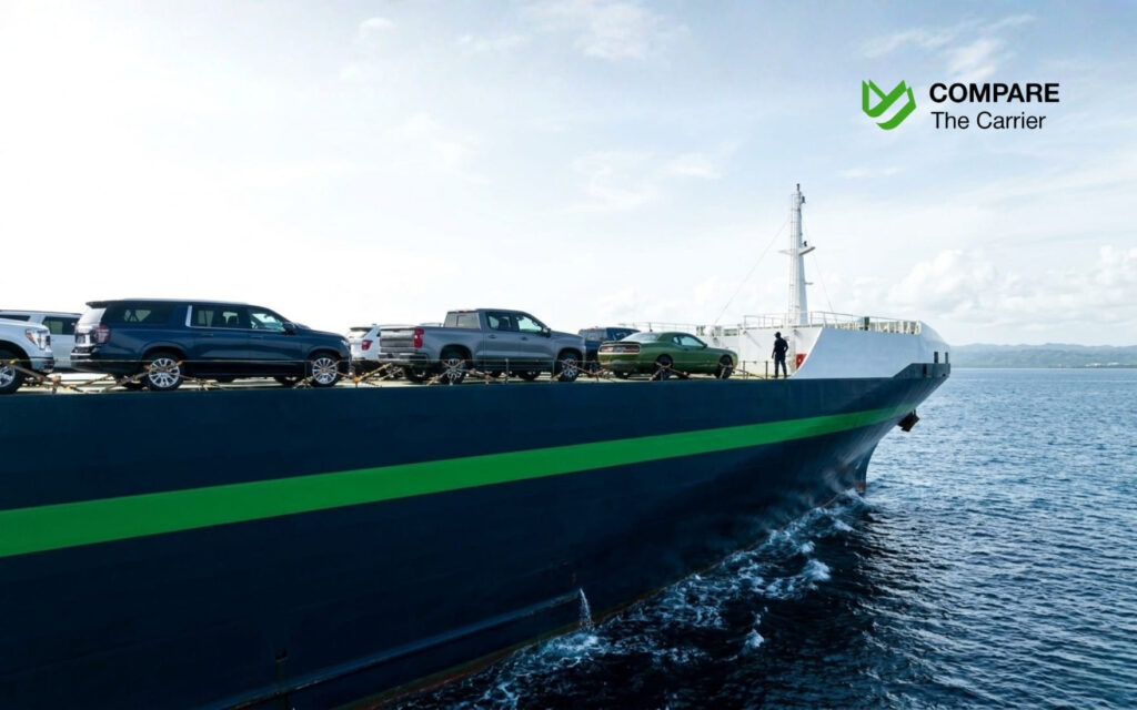 Cinematic editorial photo of a large cargo ship specialized for carrying vehicles sailing across a calm deep blue ocean.