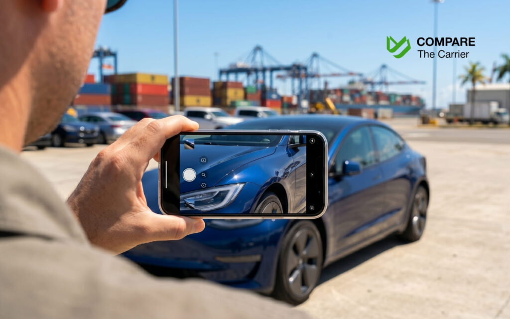 Photorealistic close-up of a customer taking a photo of their newly arrived car at the San Juan port terminal for inspection.
