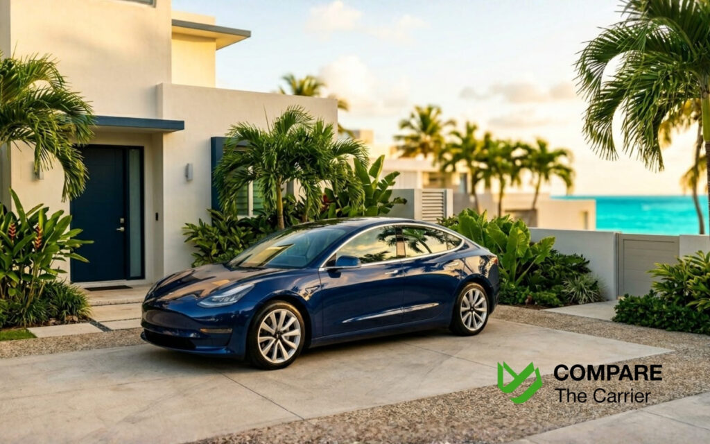 Cinematic golden hour editorial photo of a luxury white American sedan parked in a sun-drenched, tropical Puerto Rican residential driveway with ocean views.