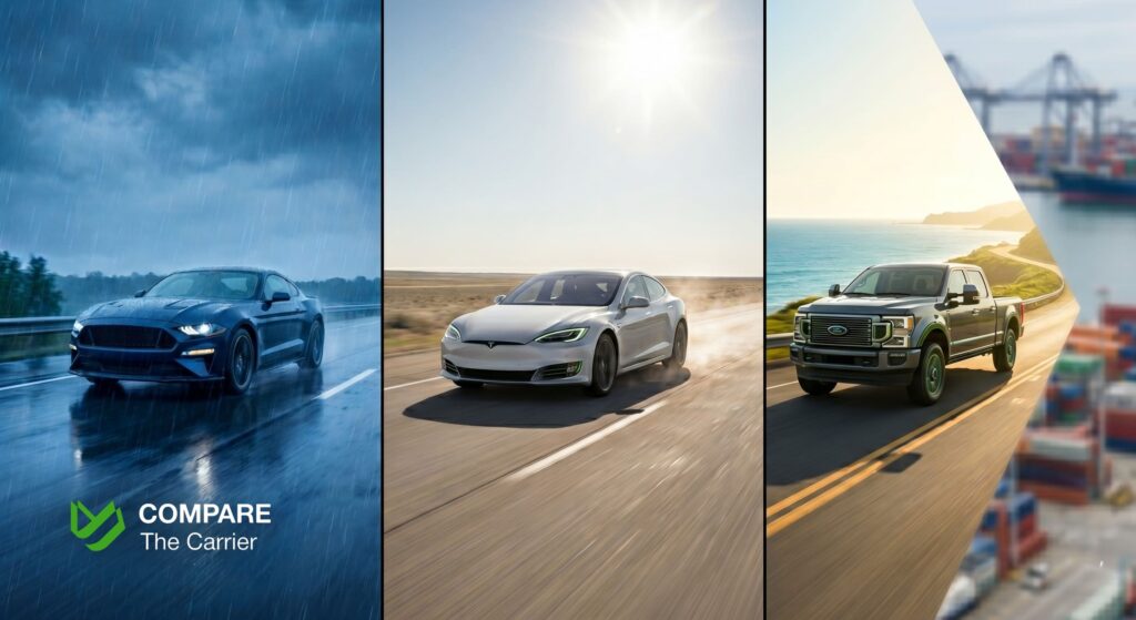 Three-panel visualization showing different American cars driving from various US climate zones toward a port.