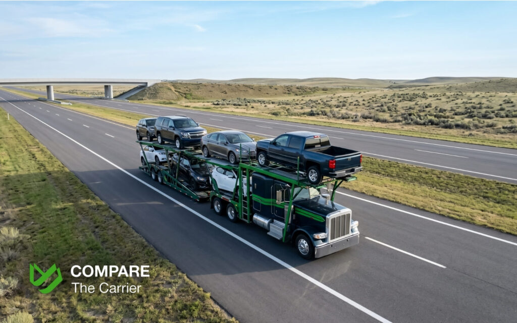 An open carrier auto transport truck hauling several vehicles on a scenic highway.