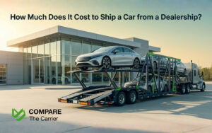 A silver modern sedan being loaded onto an auto transport trailer outside a luxury car dealership at sunrise.