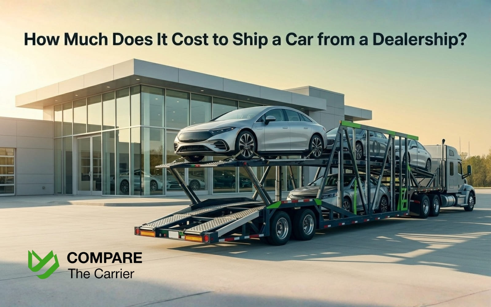 A silver modern sedan being loaded onto an auto transport trailer outside a luxury car dealership at sunrise.