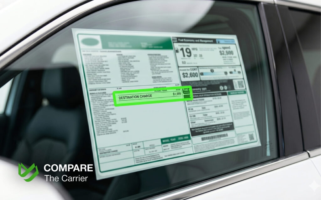 Close-up of a new car window sticker highlighting the mandatory manufacturer destination fee.