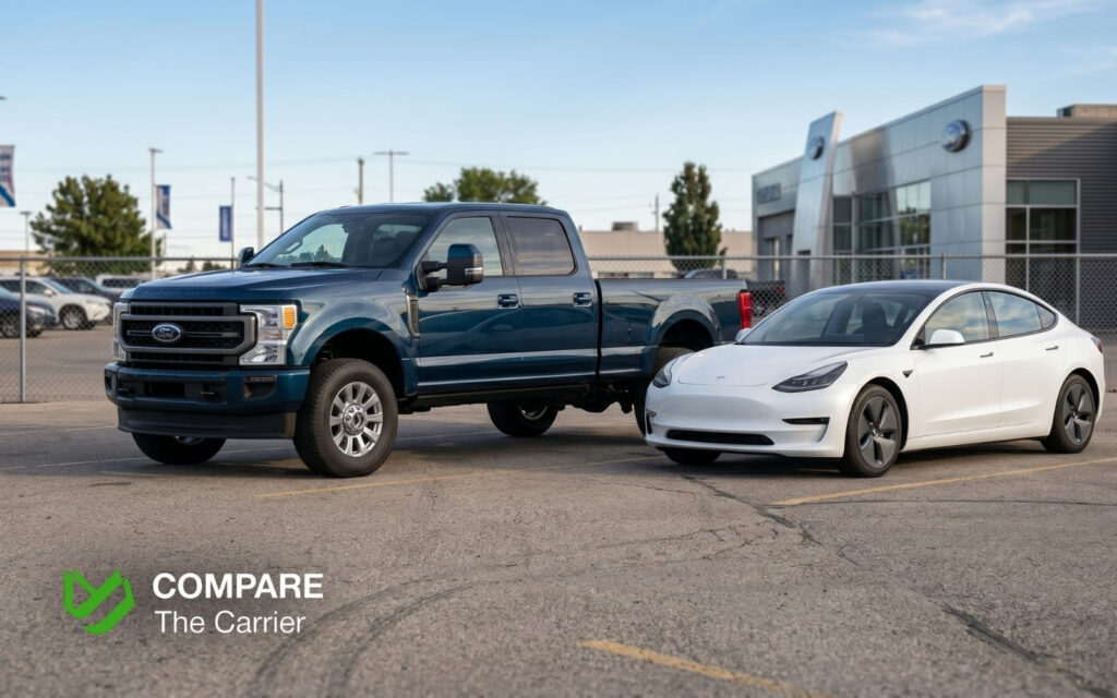 A full-size pickup truck parked next to a compact sedan to illustrate vehicle shipping size differences.