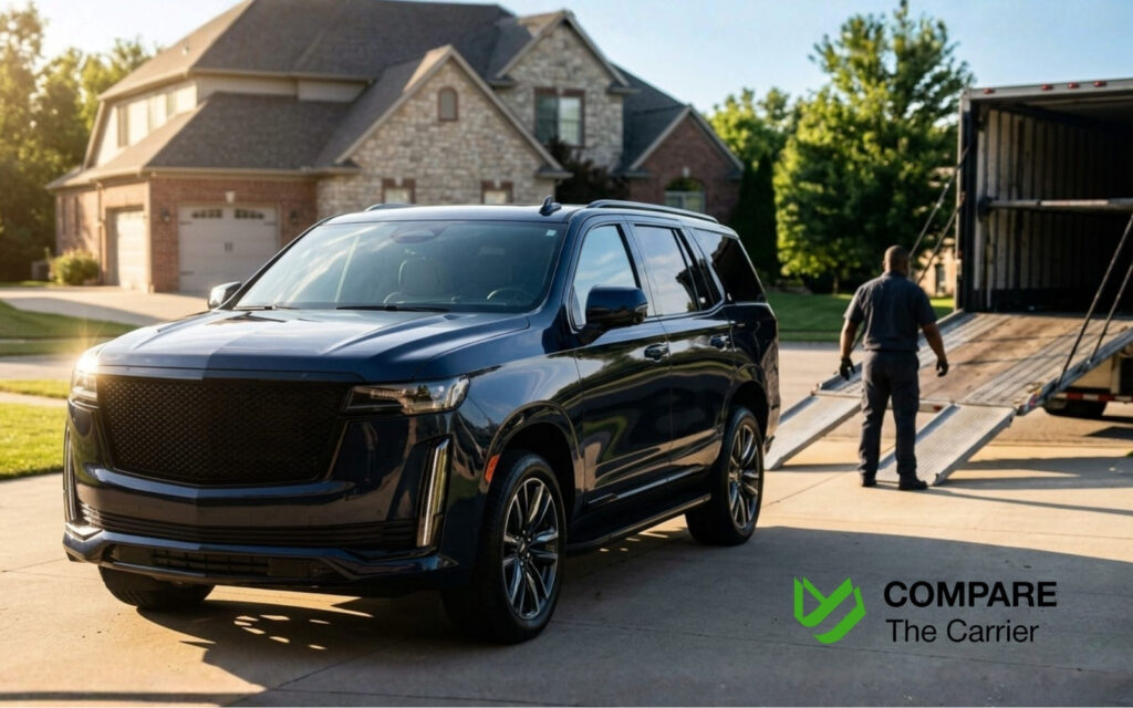 A luxury Cadillac Escalade successfully delivered to a beautiful home, representing a seamless and professional car shipping process.