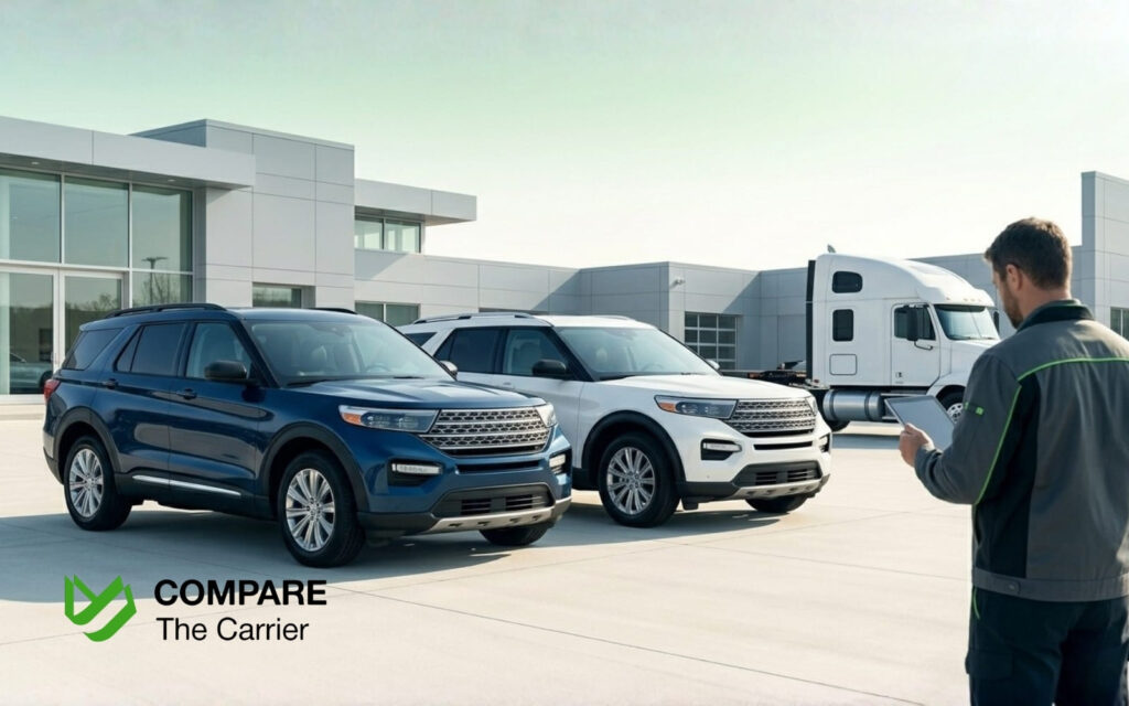 Two modern SUVs on a dealership lot prepared for a dealer-to-dealer trade and transport.