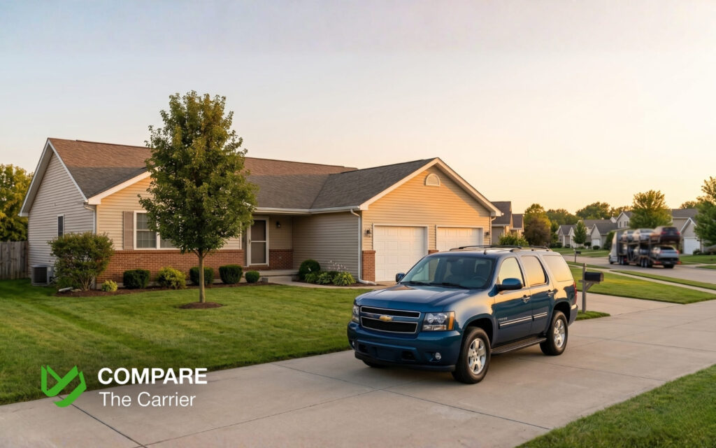  A luxury dark blue American SUV delivered safely to a premium modern home at sunset.