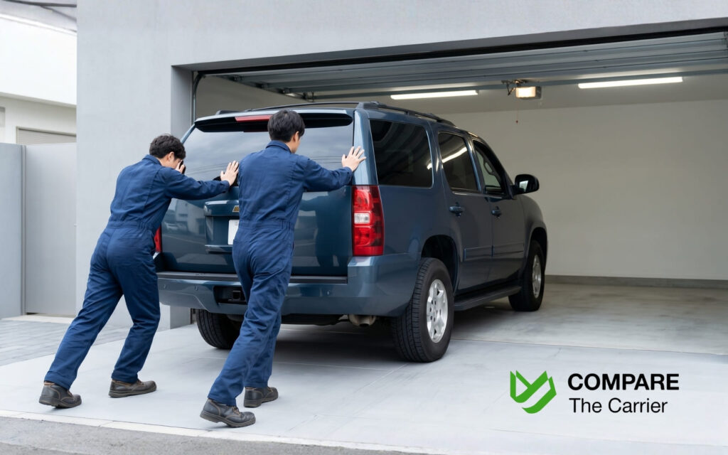 Two workers in professional uniforms pushing a large dark blue SUV into a modern garage.