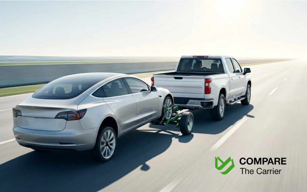  A white American pickup truck using a tow dolly to transport a silver sedan on an open highway.