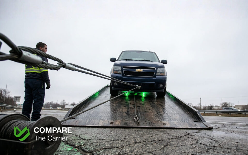 View from a flatbed truck showing the winch cable pulling a dark blue SUV up the loading ramp.