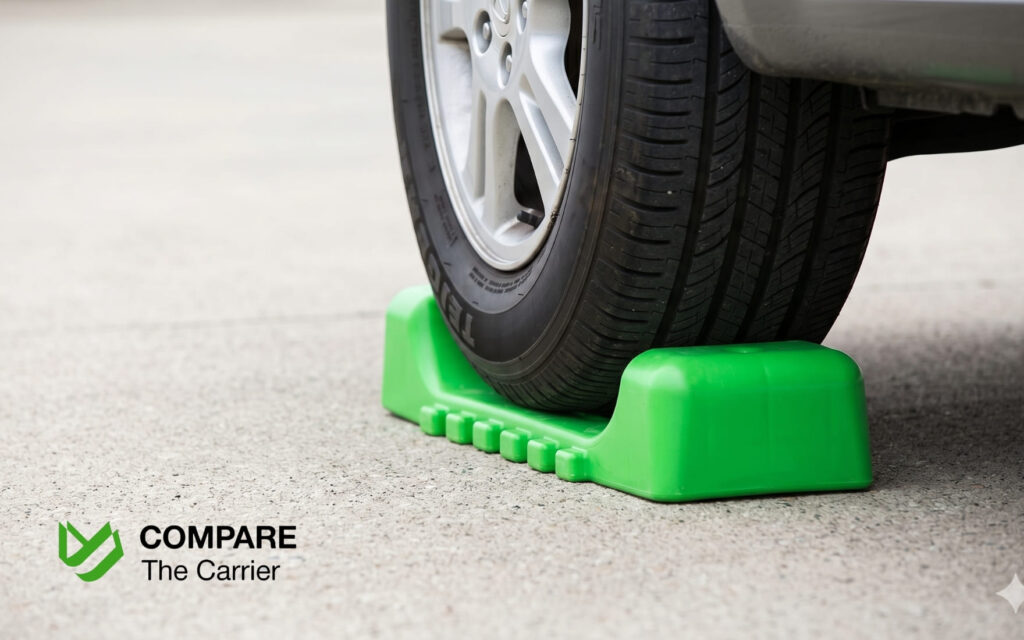  Close-up of a locked car wheel positioned on a professional green plastic towing skate for flatbed loading.