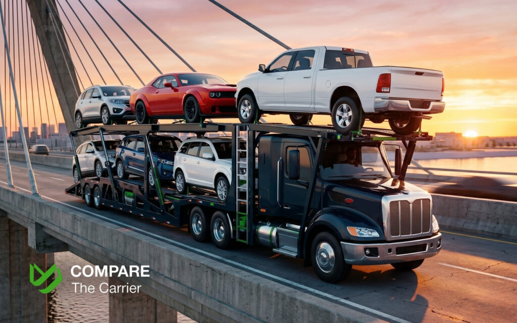 A large dark blue multi-car transport carrier loaded with various American vehicles driving across a modern bridge at sunset.