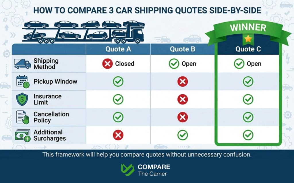 Side-by-side comparison framework for evaluating three car shipping quotes by key criteria.