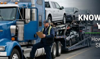 Professional truck driver reviewing a vehicle shipping contract beside a loaded car hauler.