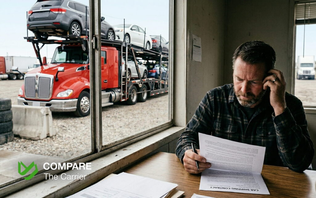 Person carefully reviewing a car shipping quote document with a car hauler visible in background.