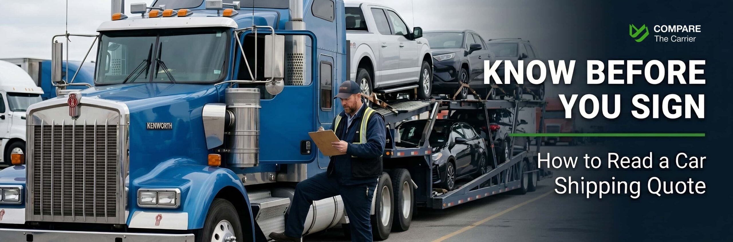 Professional truck driver reviewing a vehicle shipping contract beside a loaded car hauler.