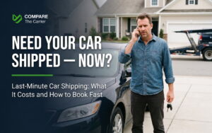 Person calling a car shipping broker while standing next to their vehicle before a "last-minute car shipping."