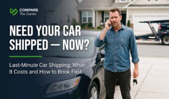 Person calling a car shipping broker while standing next to their vehicle before a "last-minute car shipping."