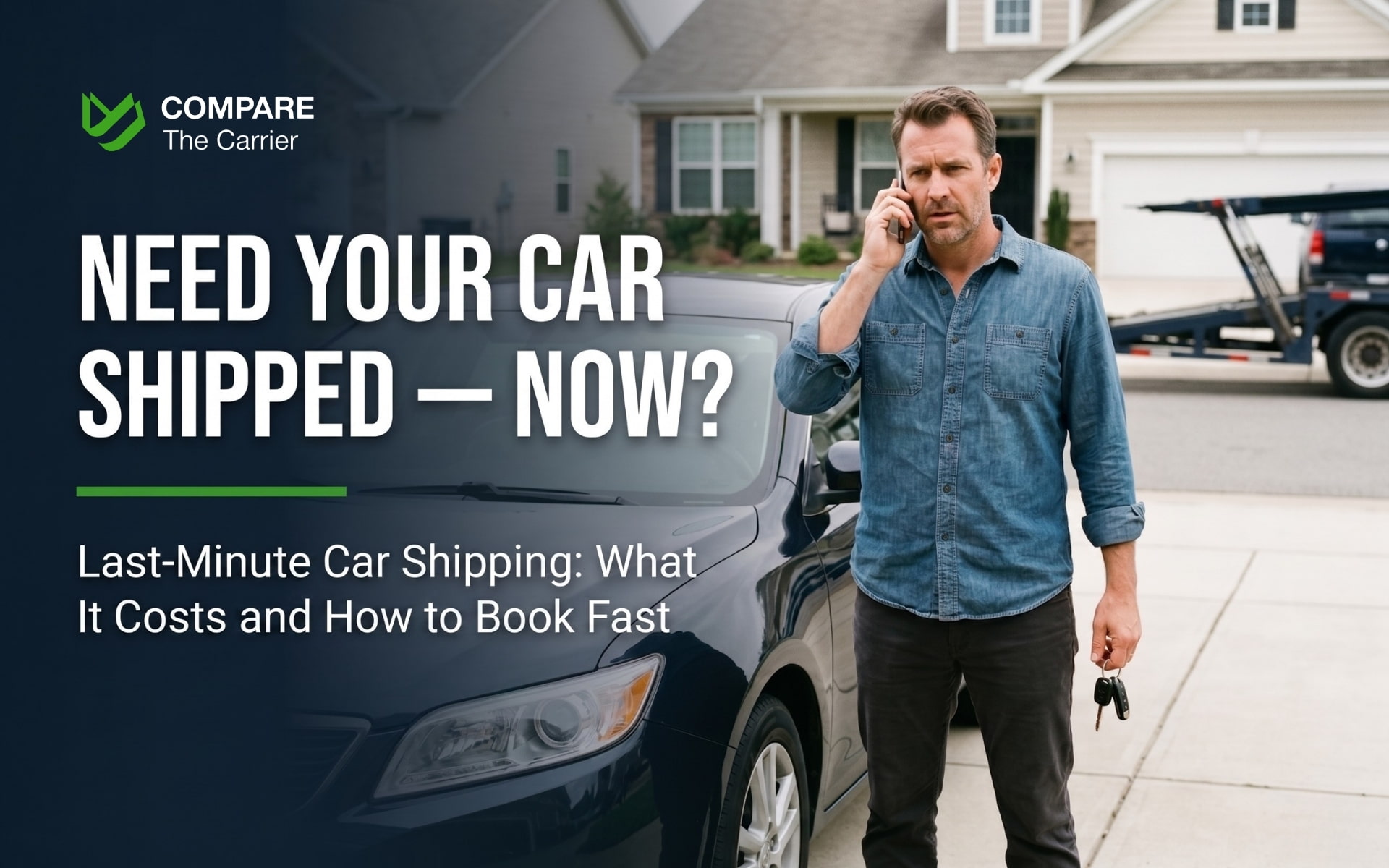 Person calling a car shipping broker while standing next to their vehicle before a "last-minute car shipping."