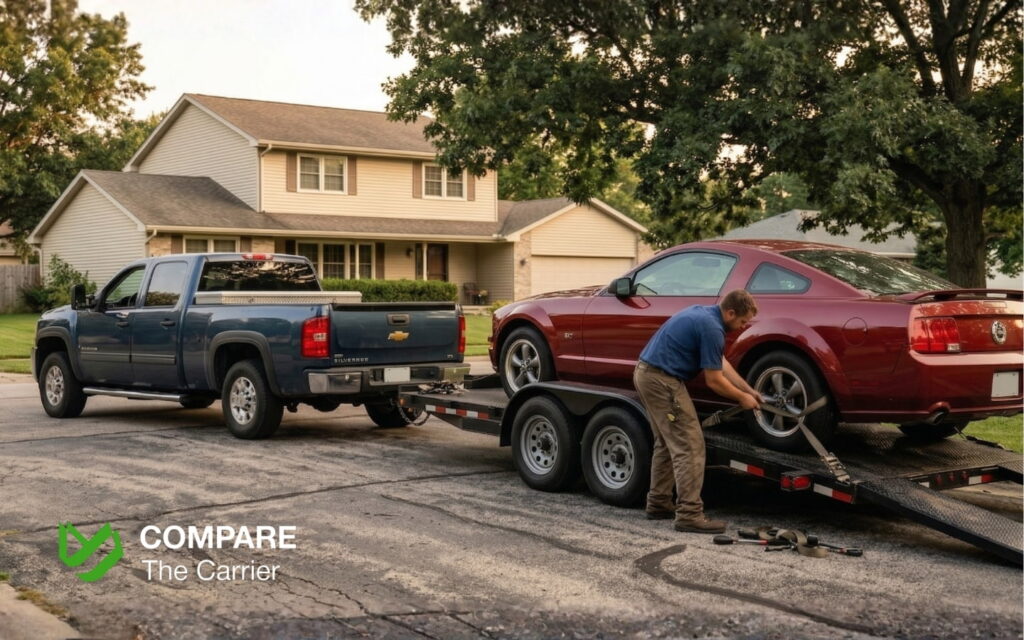 Hotshot car transport truck picking up a vehicle from a residential driveway for emergency shipping.