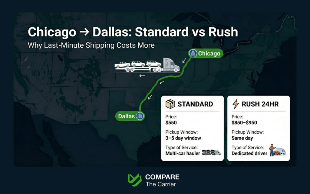 Route map comparing standard versus rush car shipping costs from Chicago to Dallas.