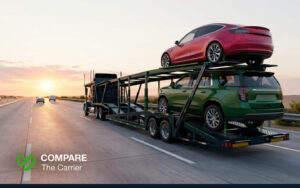 A professional auto transport carrier hauling Another State with Two Cars