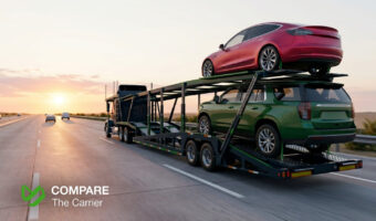 A professional auto transport carrier hauling Another State with Two Cars